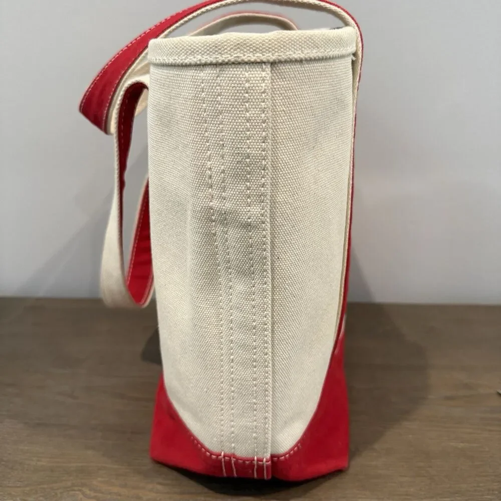 Lands End Open Top Canvas Tote Bag M Shoulder Red Natural Cotton Preppy Sturdy - Picture 4 of 16